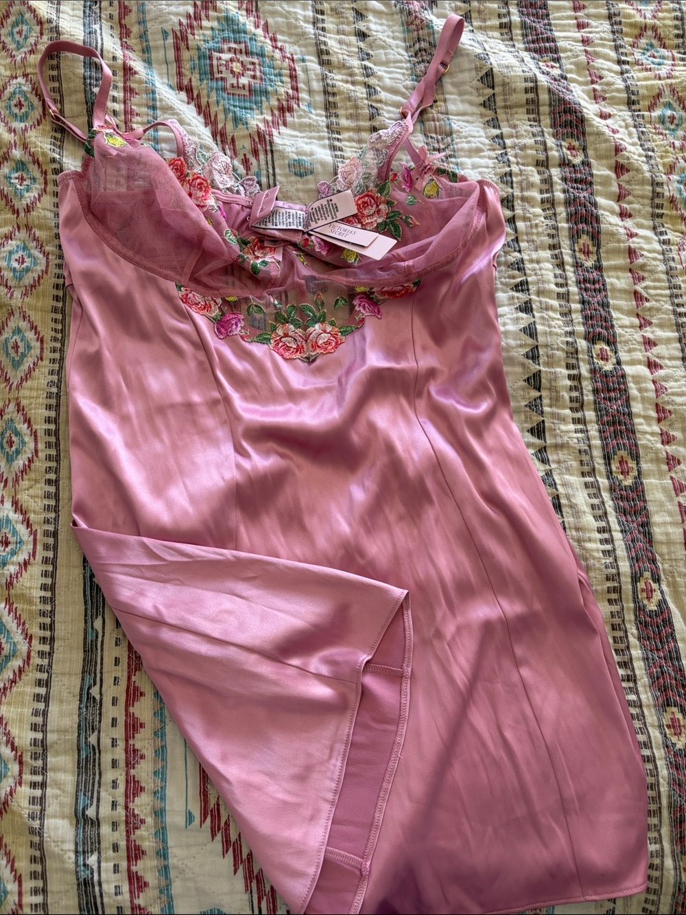 Victoria's Secret Pink Satin Floral-Embroidered Chemise